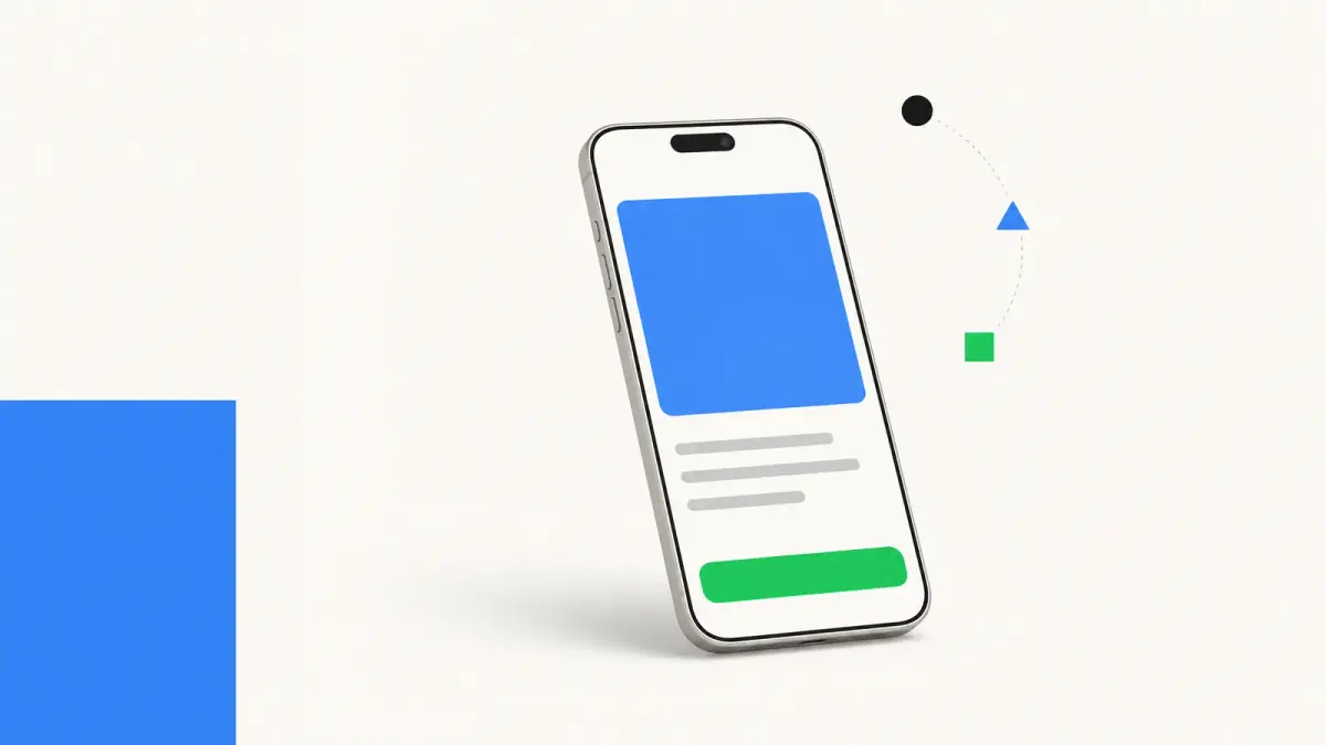 Illustration of ad creative formats, a product visual on a phone screen with a call-to-action button