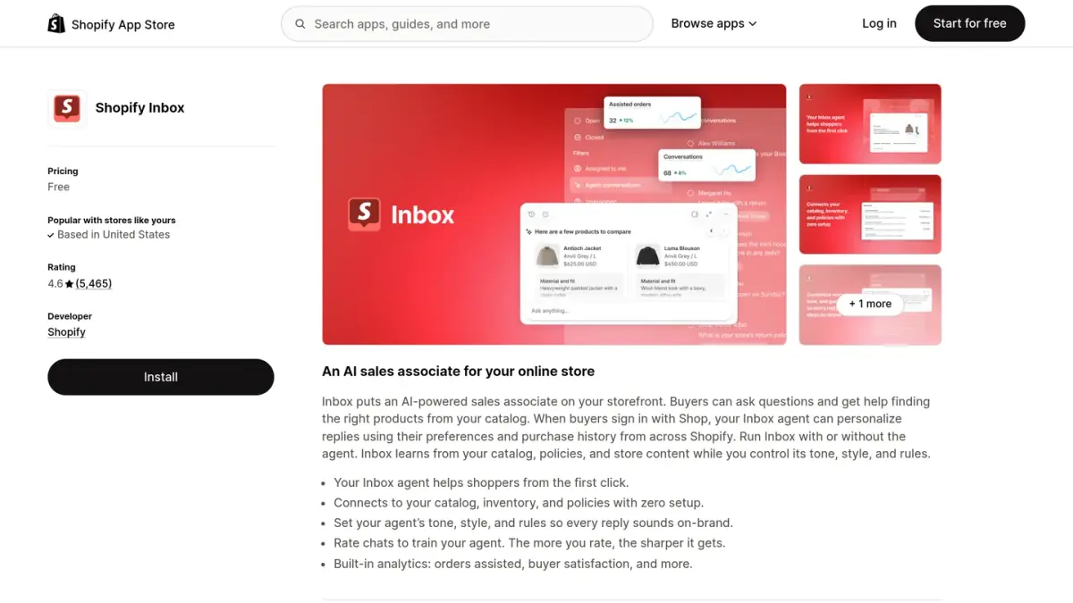 Shopify Inbox listing on the Shopify App Store, the chat app that hosts the AI sales associate