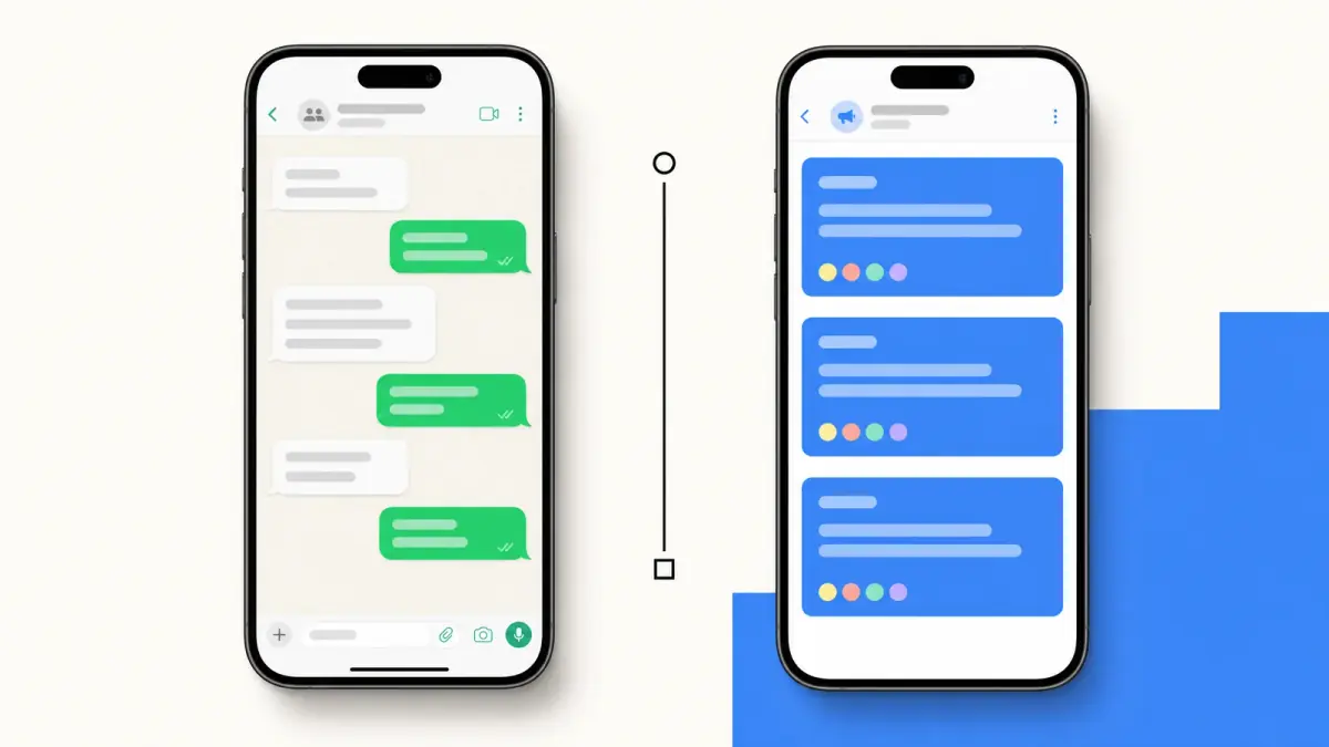 Comparison of where a Channel post lands (Updates tab) vs a Newsletter message (main chat list)