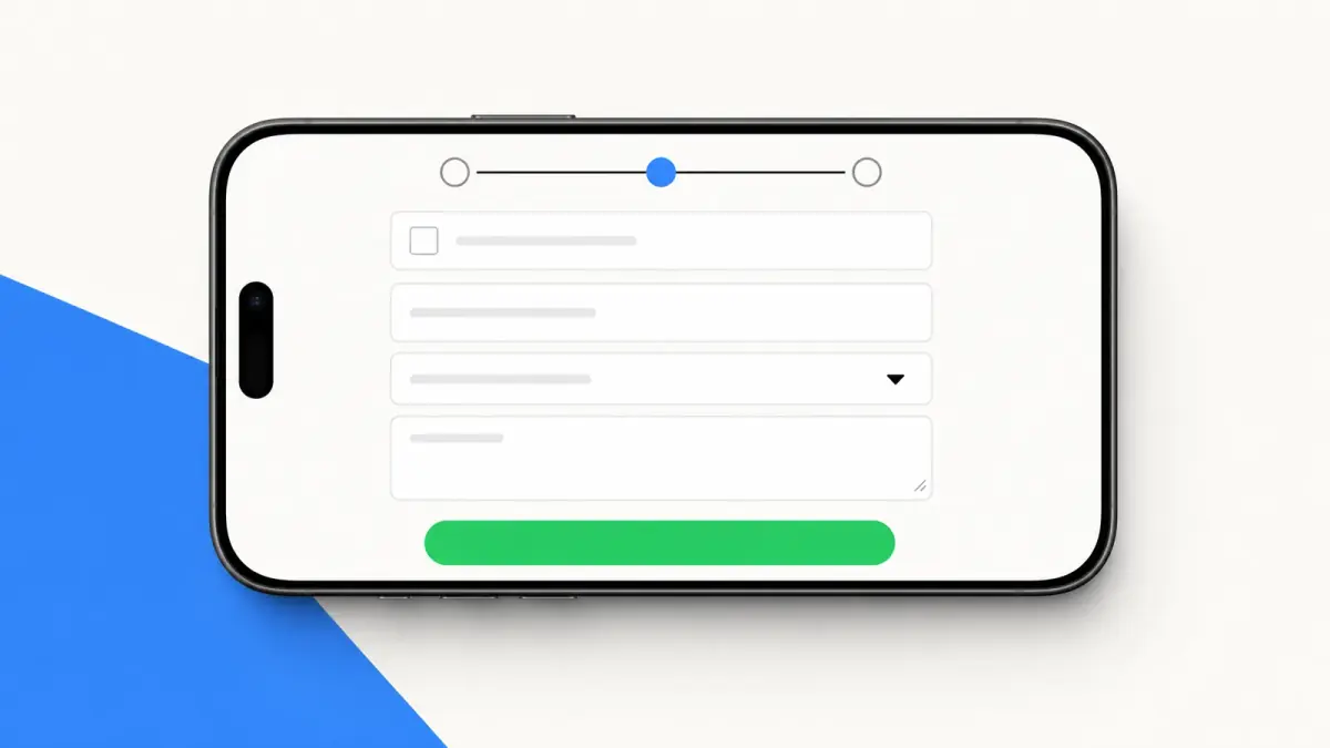 Illustration of a multi-screen form with a progress bar, a checkbox, text fields, a dropdown and a submit button