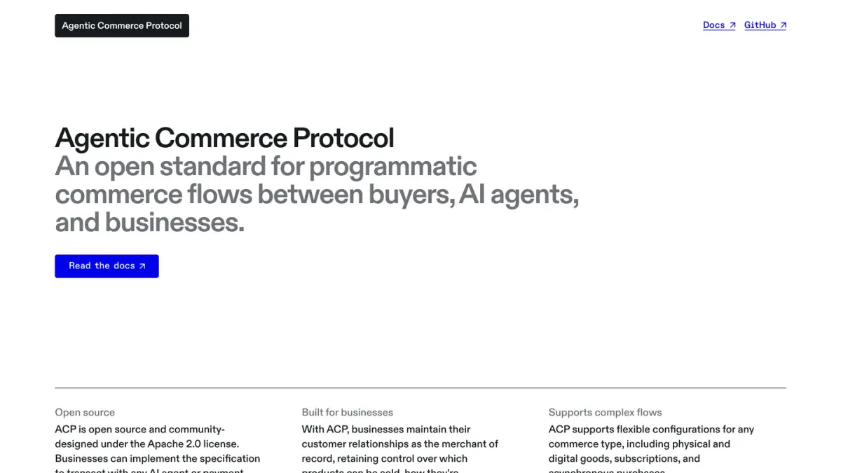 Agentic Commerce Protocol website, an open standard for commerce between buyers, AI agents and businesses