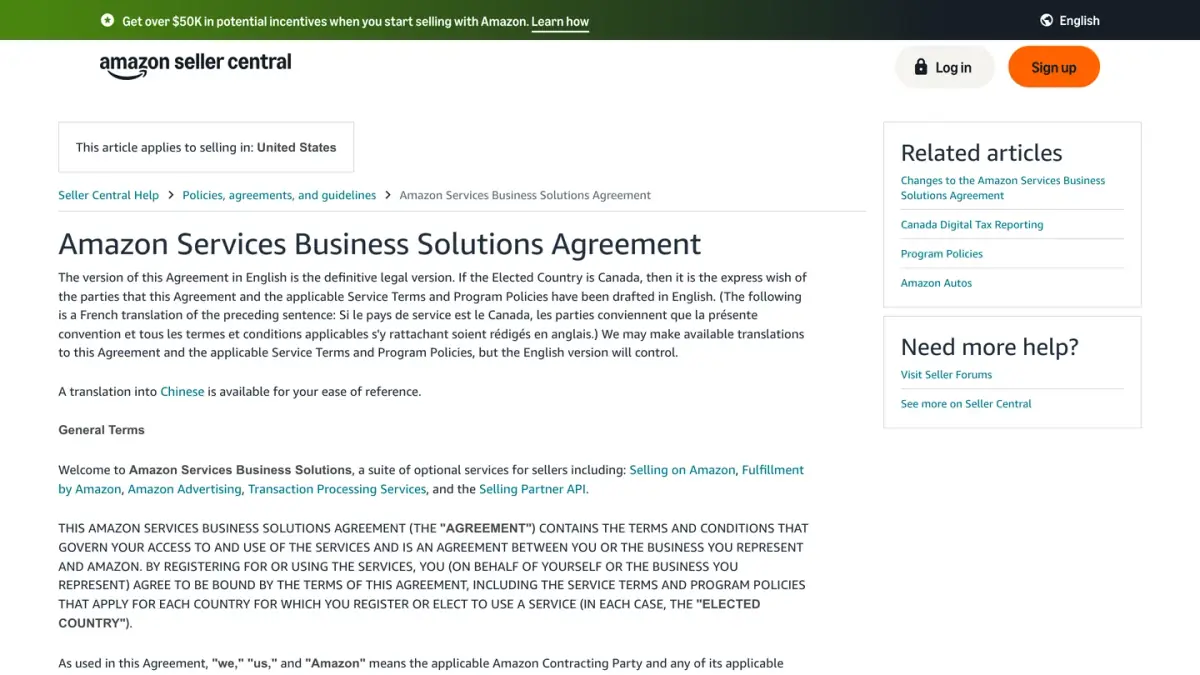 Amazon Services Business Solutions Agreement on Seller Central, the contract that governs a seller account