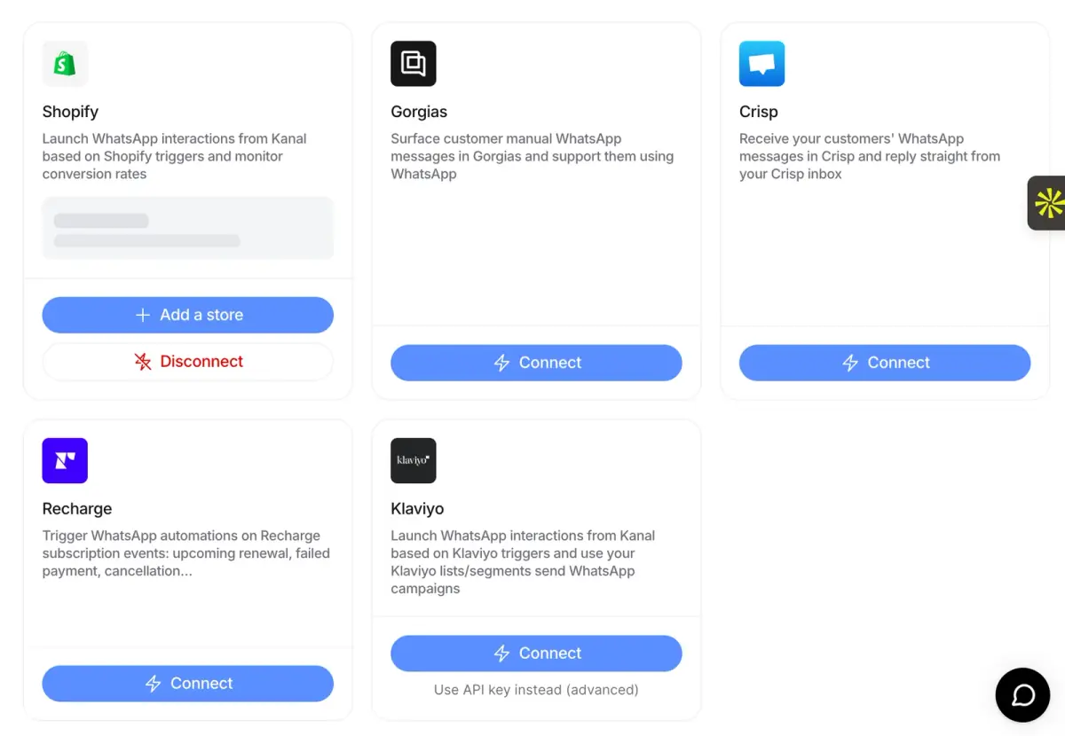 Integrations page in Kanal: Shopify, Gorgias, Crisp, Recharge and Klaviyo