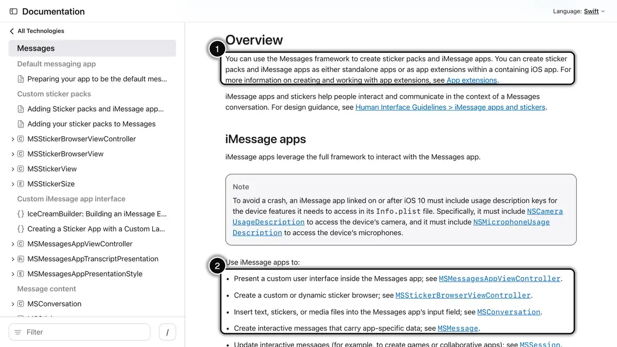 Apple Developer documentation for the Messages framework, with its purpose (1) and what iMessage apps can do (2) highlighted