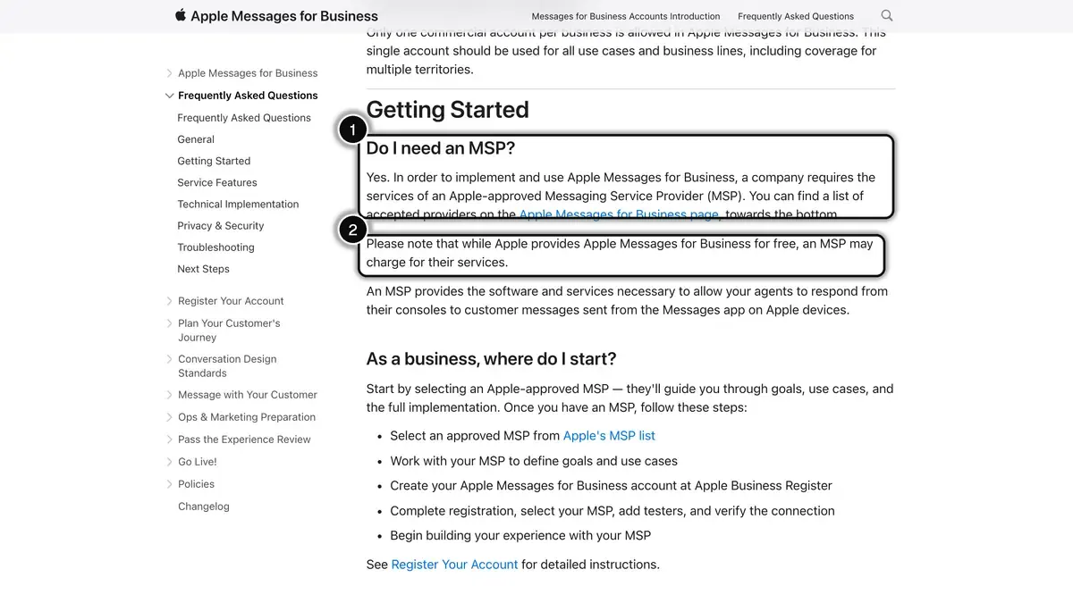 Apple Messages for Business FAQ, with the need for an approved provider (1) and Apple's free channel with provider fees (2) highlighted