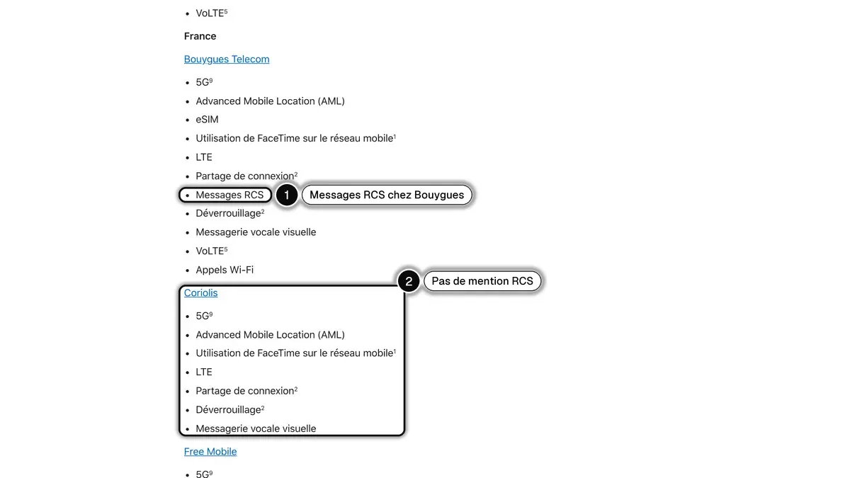 Liste d'Apple des fonctions de l'iPhone par opérateur en France, avec la mention Messages RCS chez Bouygues Telecom (1) et son absence chez Coriolis (2) encadrées