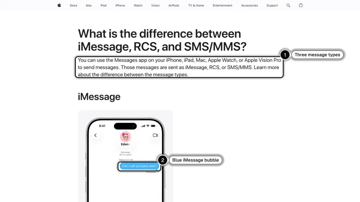Apple Support page What is the difference between iMessage, RCS, and SMS/MMS