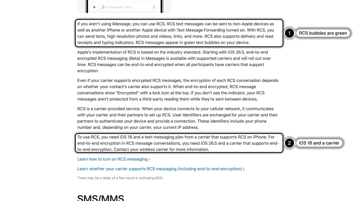 Apple Support article on iMessage, RCS and SMS/MMS, with what RCS adds and its green bubbles (1) and what it needs on iPhone (2)