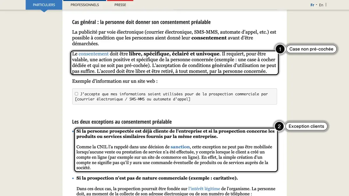 Fiche de la CNIL sur la prospection commerciale par SMS, avec la case à cocher non pré-cochée (1) et l'exception pour les clients existants (2) encadrées