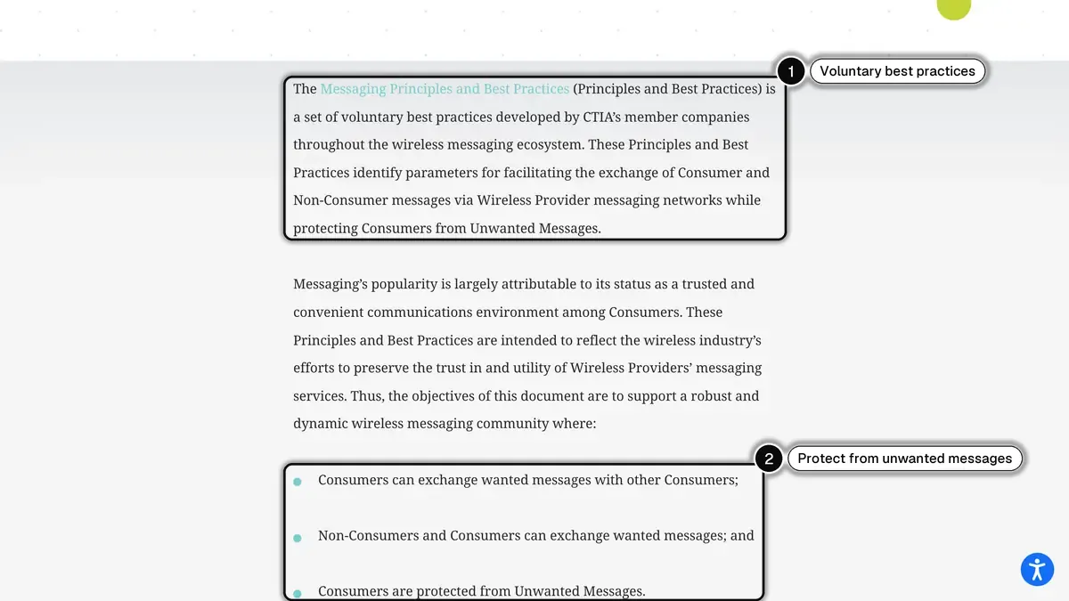 CTIA page on the Messaging Principles and Best Practices, with their voluntary nature (1) and the goal of protecting consumers from unwanted messages (2) highlighted