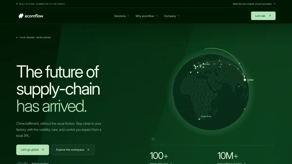 Home page of ecomflow, the fulfillment provider that ships from China to customers worldwide