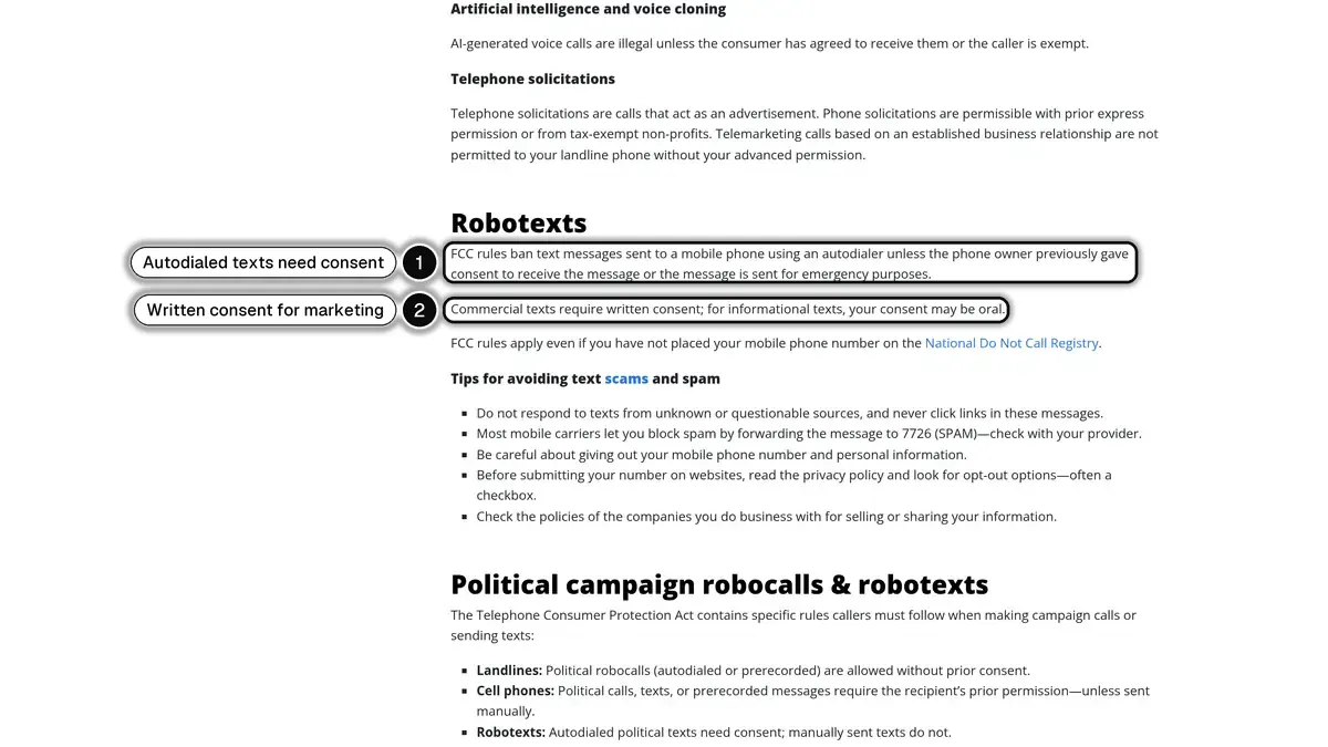 FCC consumer guide on robocalls and texts, with the ban on autodialed texts without consent (1) and the written consent rule for commercial texts (2) highlighted