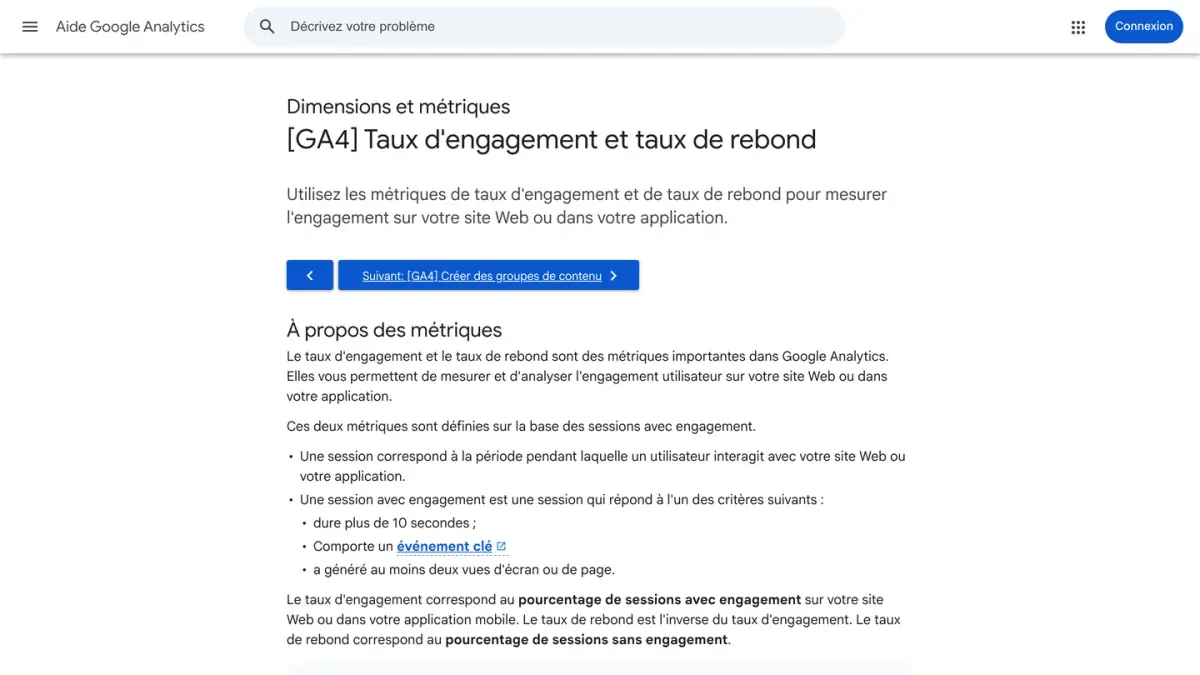 La page d'aide de Google Analytics 4 sur le taux d'engagement et le taux de rebond