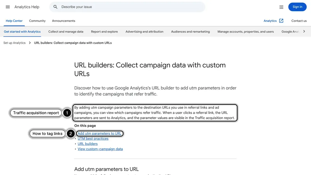 Google Analytics Help: adding utm parameters to URLs so campaign data reaches the Traffic acquisition report