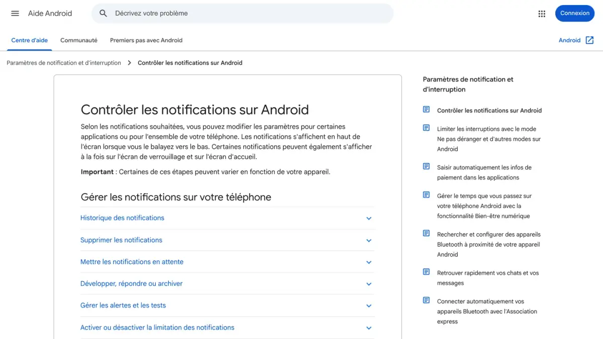 Page de l'aide Android « Contrôler les notifications sur Android », avec l'historique des notifications