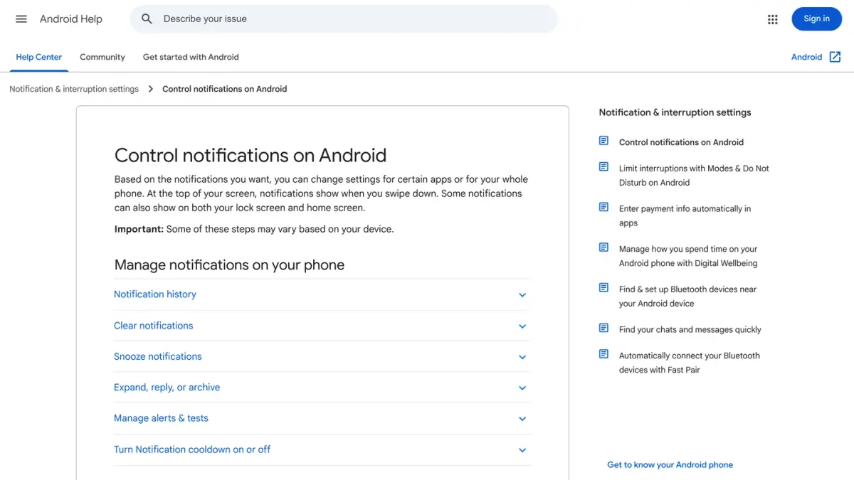Android Help page Control notifications on your Android phone, with notification history