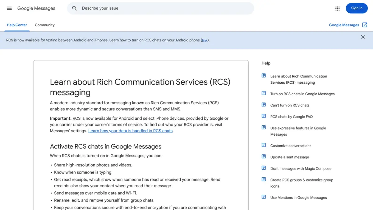 Google Messages Help page explaining what RCS messaging is and what RCS chats can do