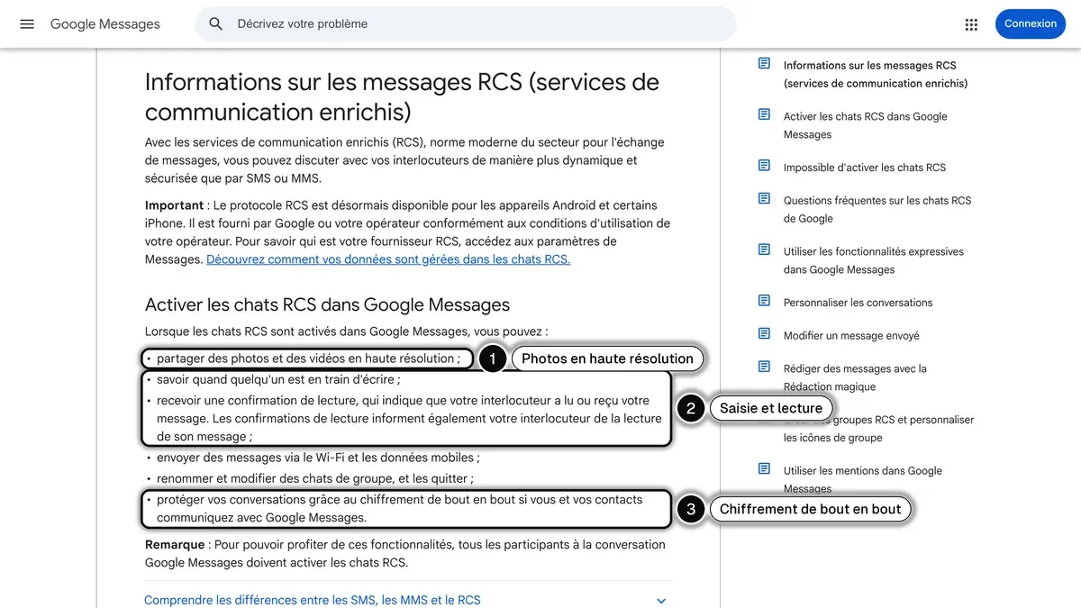 Page d'aide de Google Messages sur les messages RCS, avec les photos en haute résolution (1), la saisie en cours et les confirmations de lecture (2) et le chiffrement de bout en bout (3) encadrés