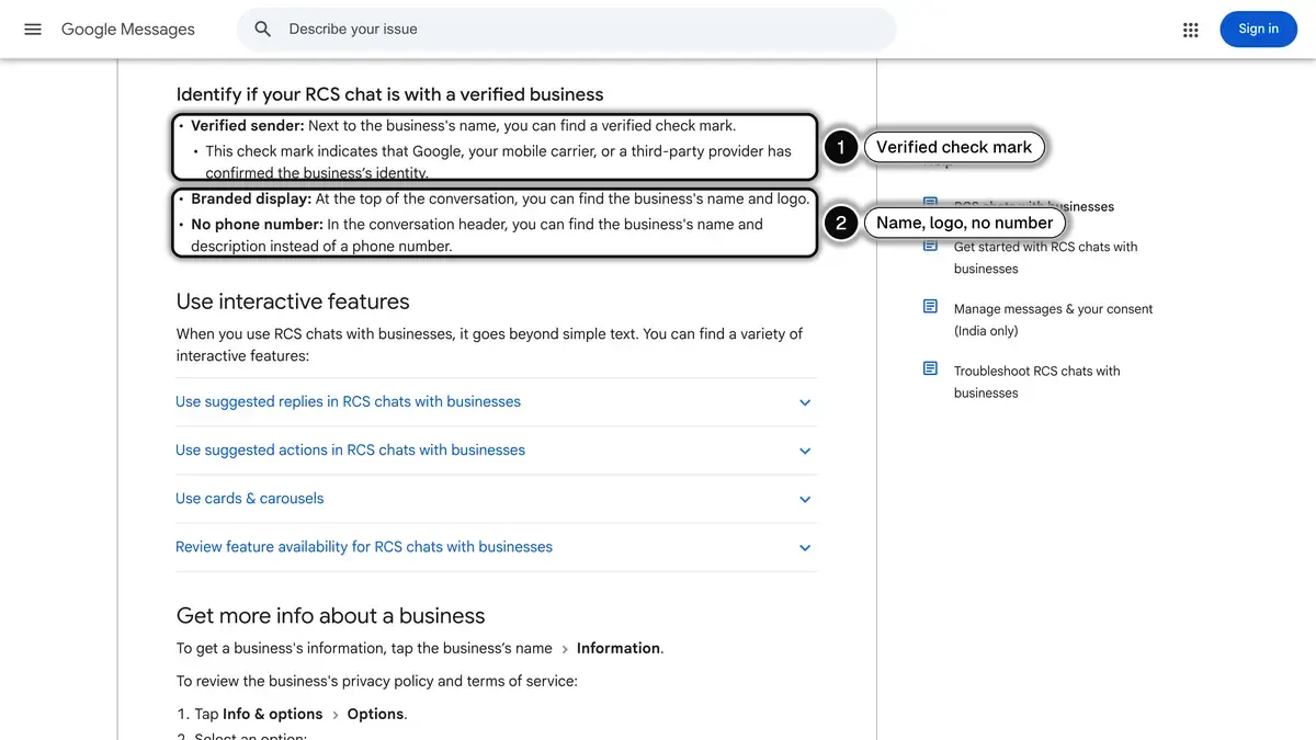 Google Messages Help page on RCS chats with businesses, with the verified check mark (1) and the business name and logo shown instead of a phone number (2) highlighted