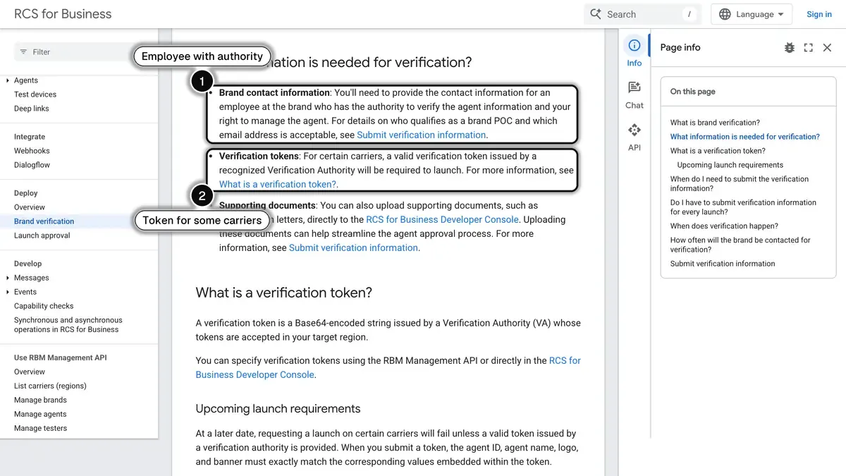 Google's RCS for Business brand verification page, with the brand contact who must have authority (1) and the verification token some carriers require (2) highlighted