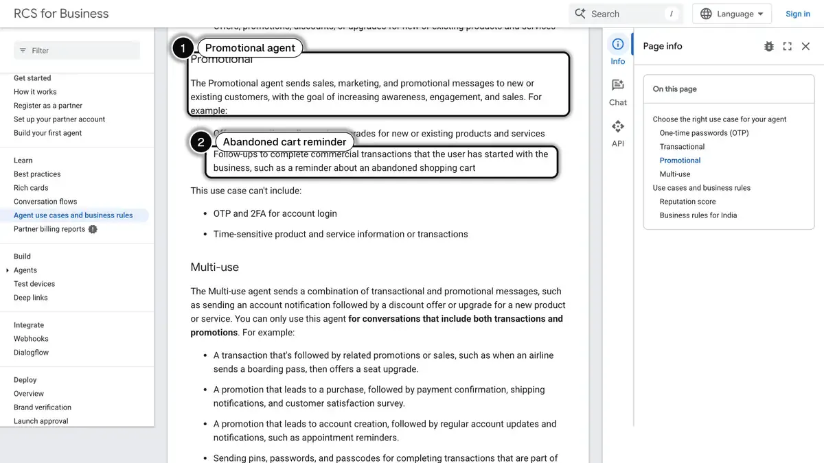 Google for Developers page on RCS agent use cases, with the promotional agent (1) and the abandoned cart reminder example (2) highlighted