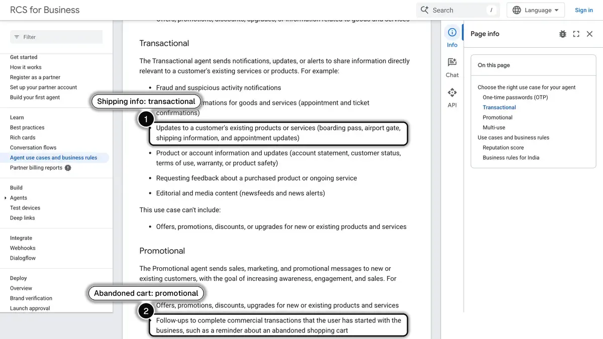 Google's RCS for Business agent use cases, with shipping information listed as transactional (1) and the abandoned cart reminder listed as promotional (2)
