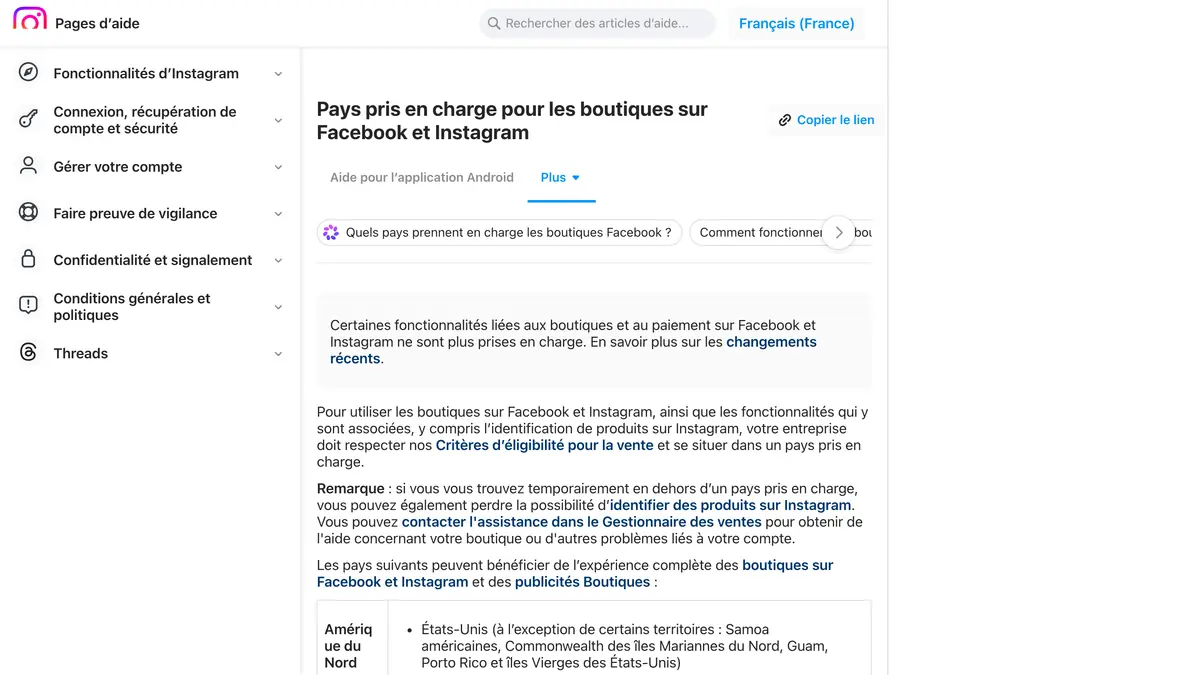 Page d'aide Instagram qui liste les pays pris en charge pour les boutiques sur Facebook et Instagram