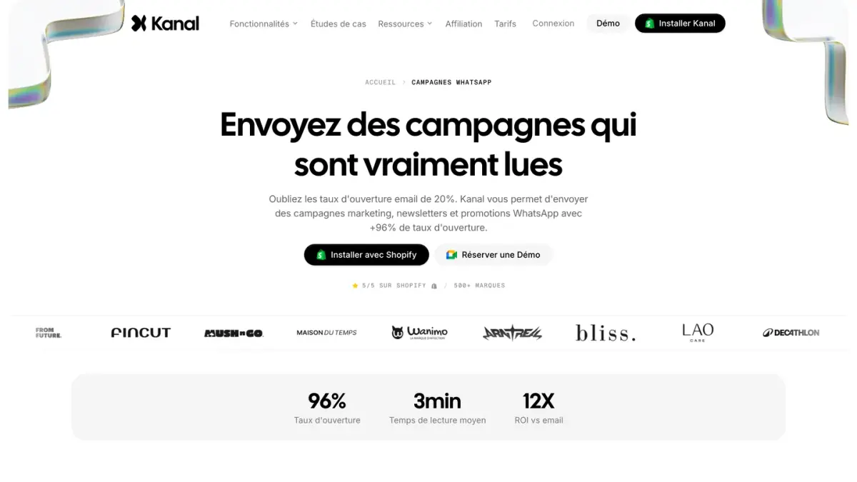 Page du site de Kanal consacrée aux campagnes WhatsApp pour les boutiques Shopify