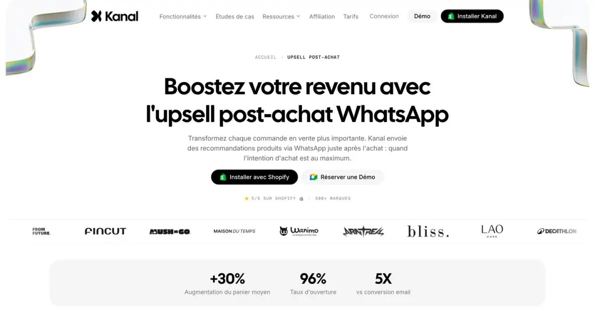 La page de Kanal sur l'upsell après achat par WhatsApp pour les boutiques Shopify