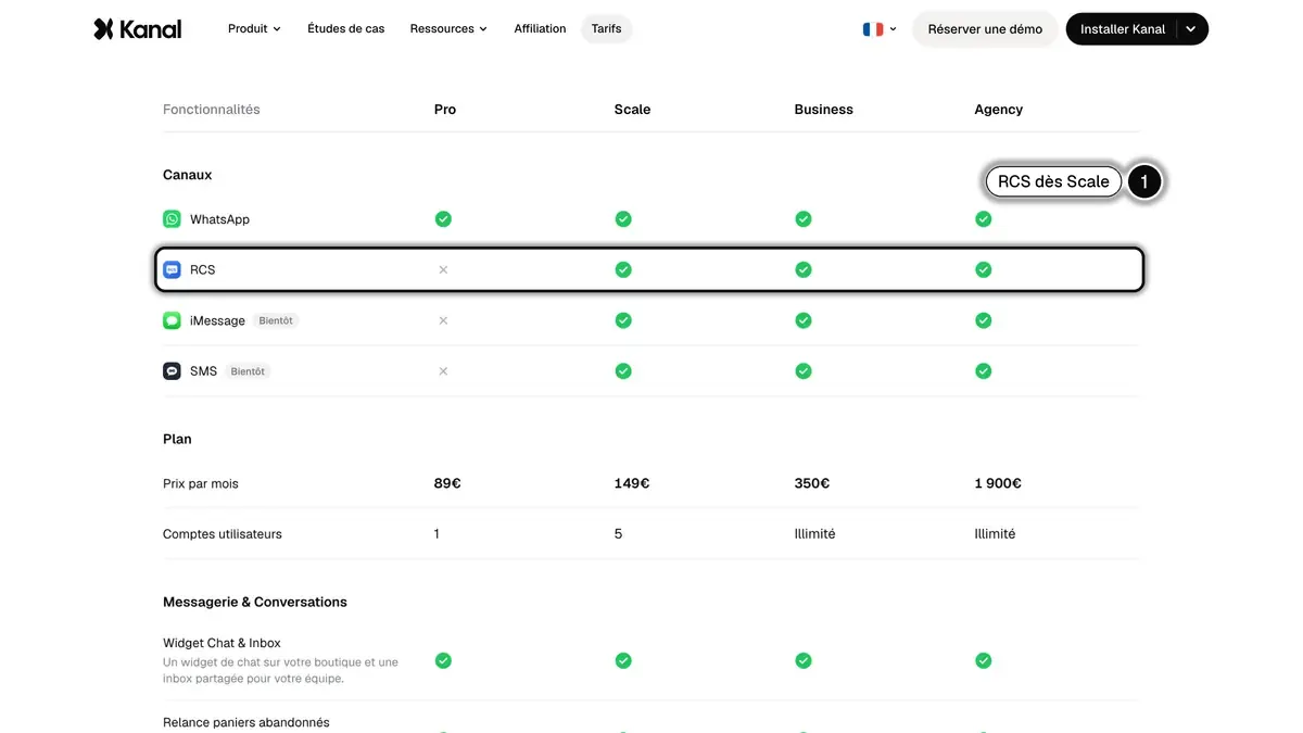 Page tarifs de Kanal : comparaison des offres, avec la ligne RCS incluse dès l'offre Scale encadrée (1)