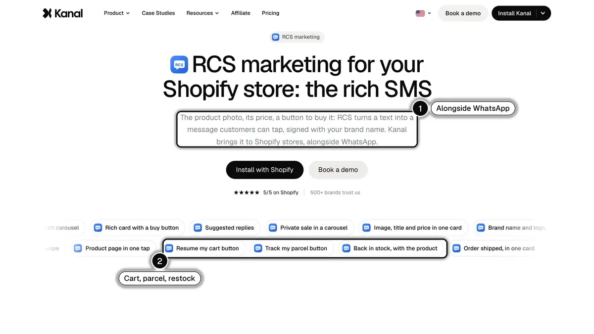 Kanal's RCS marketing page for Shopify stores, with RCS brought alongside WhatsApp (1) and the cart, parcel tracking and back-in-stock buttons (2) highlighted