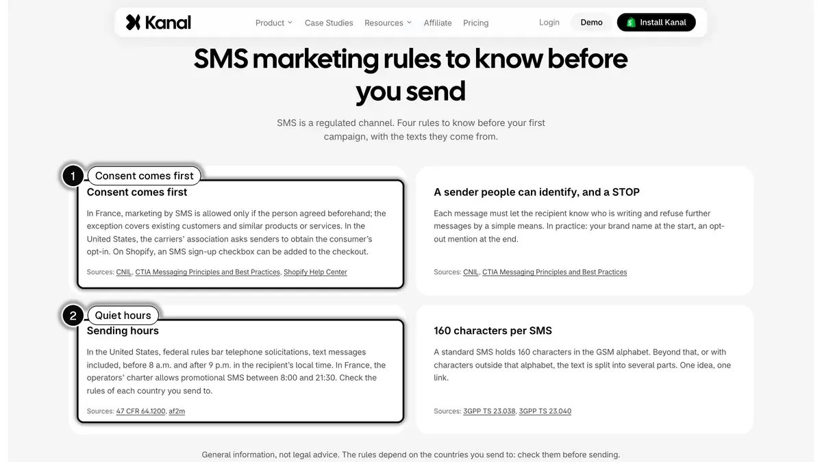 Kanal SMS page listing the rules to know before sending, with consent (1) and sending hours (2) highlighted