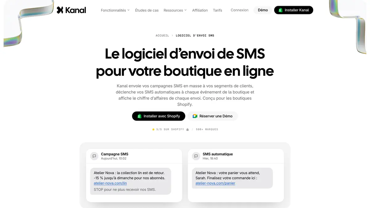 Page Kanal du logiciel d'envoi de SMS pour les boutiques Shopify, avec une campagne et une relance de panier automatique
