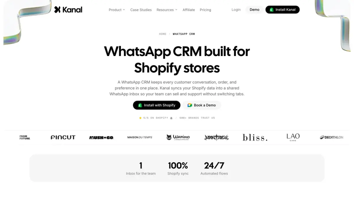 Kanal page for its WhatsApp CRM built for Shopify stores, with one shared inbox for the team