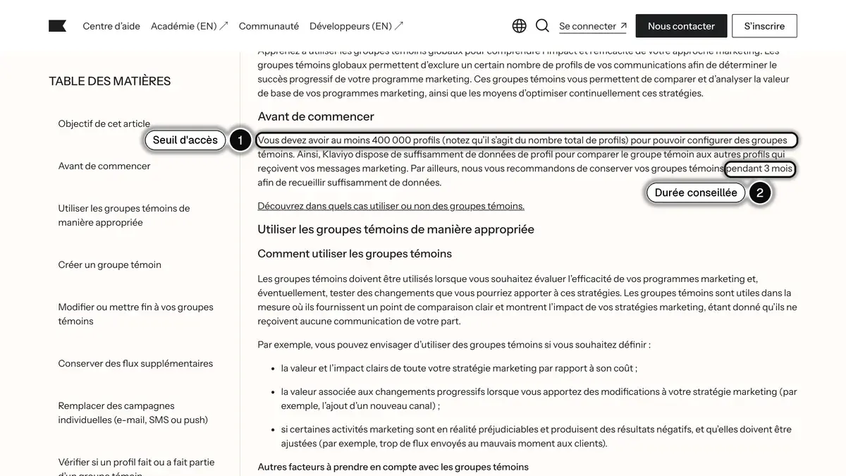 La page du centre d'aide Klaviyo sur les groupes témoins globaux : au moins 400 000 profils et une durée conseillée de 3 mois