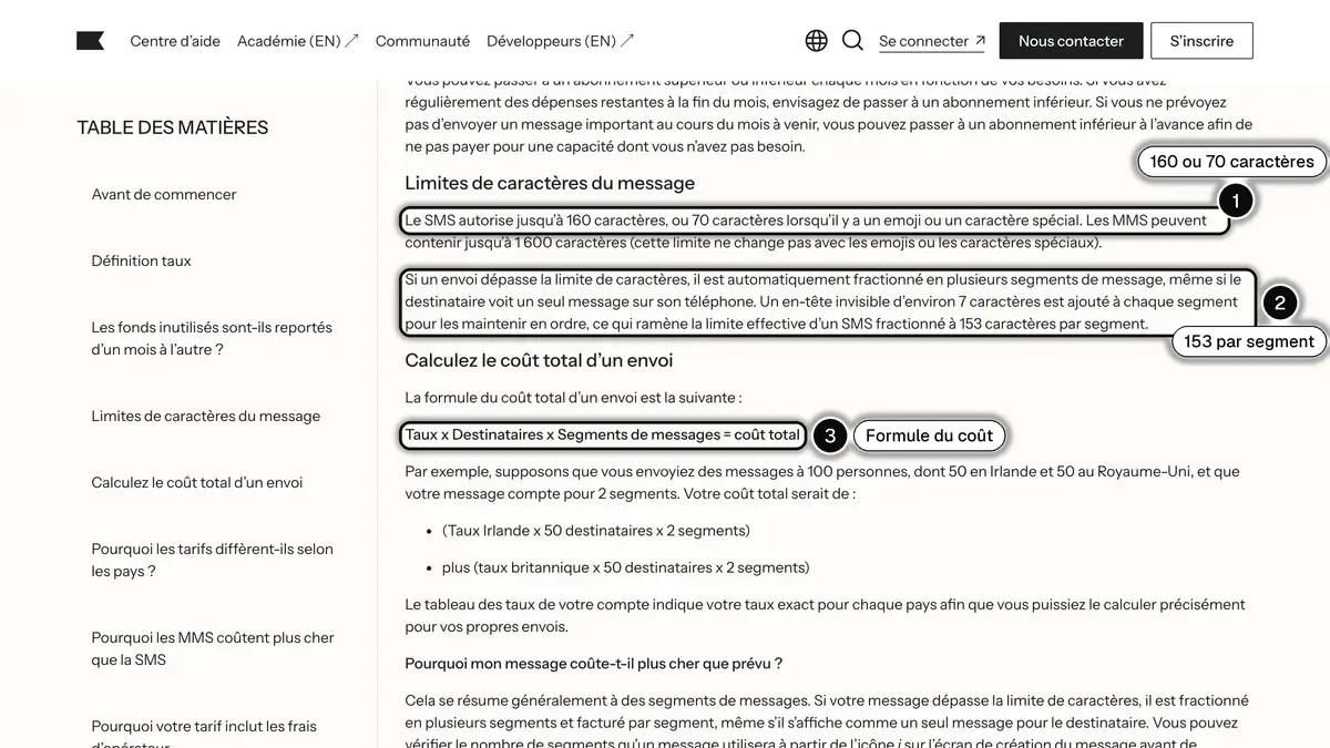 Le centre d'aide Klaviyo en français sur les limites de caractères des SMS et la formule du coût d'un envoi