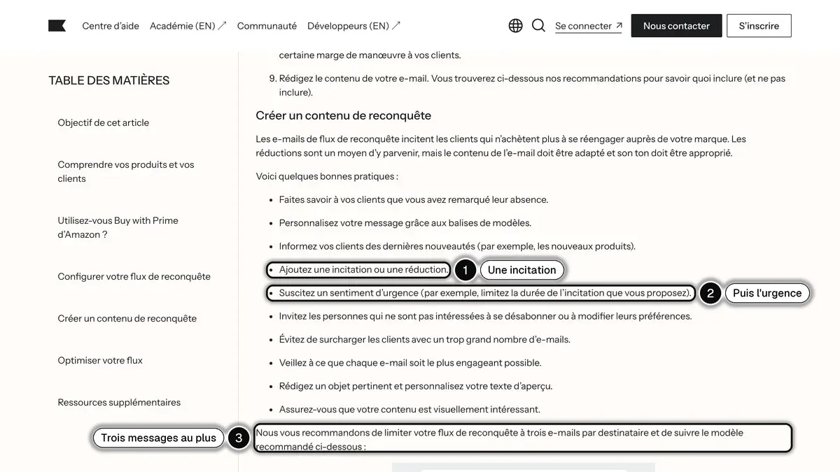 La page du centre d'aide Klaviyo sur le contenu de reconquête : ajouter une incitation, susciter l'urgence et limiter le flux à trois e-mails