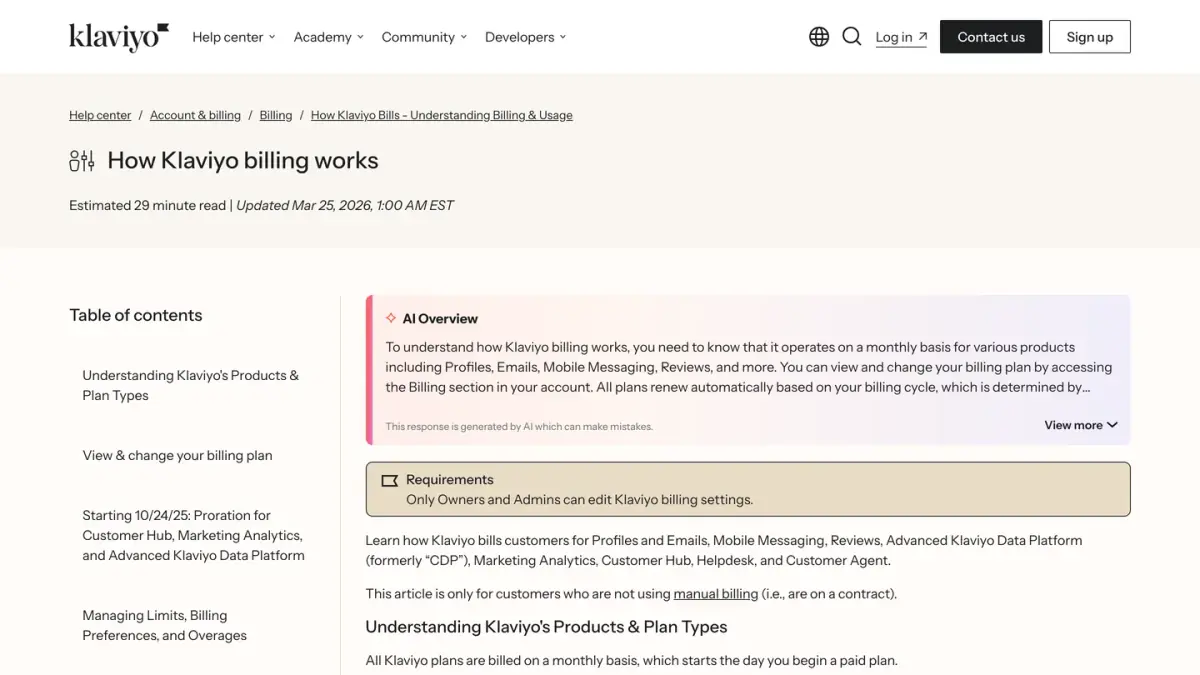 Klaviyo Help Center article explaining how Klaviyo billing works for profiles, emails and mobile messaging