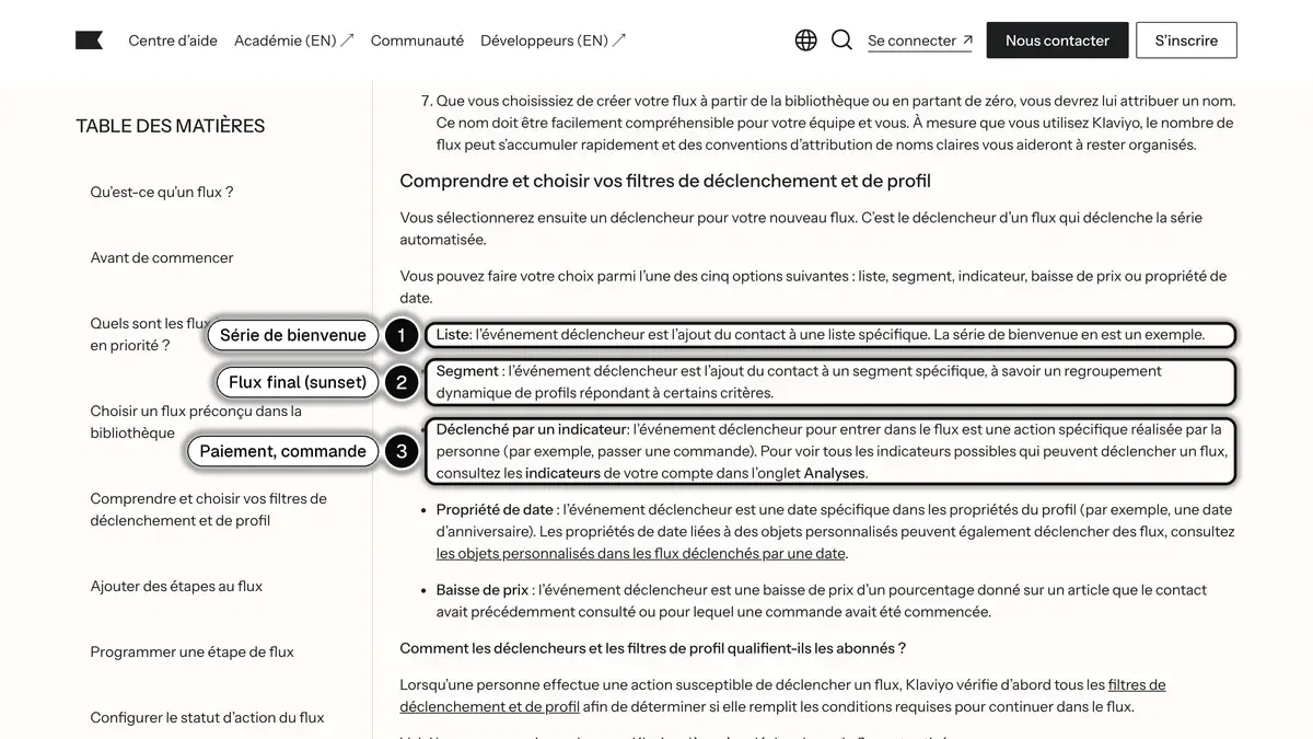 La page Démarrer avec les flux du centre d'aide Klaviyo en français, avec les déclencheurs liste, segment et indicateur encadrés