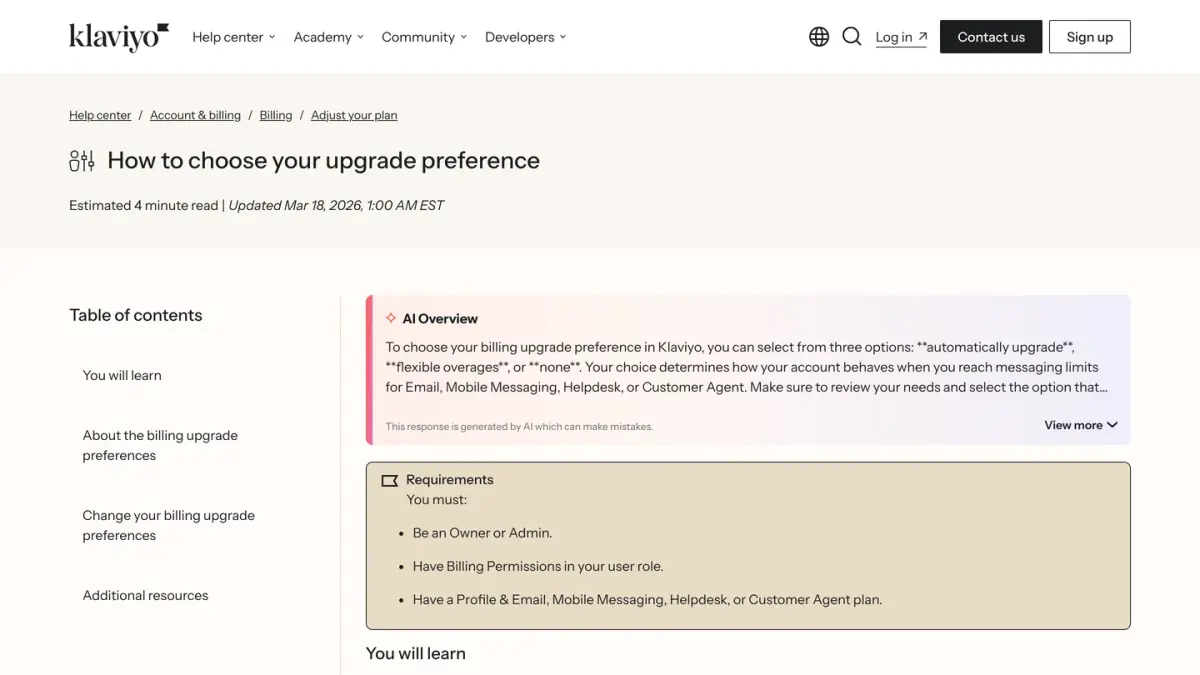 Klaviyo Help Center article on choosing a billing upgrade preference when an account reaches its limits