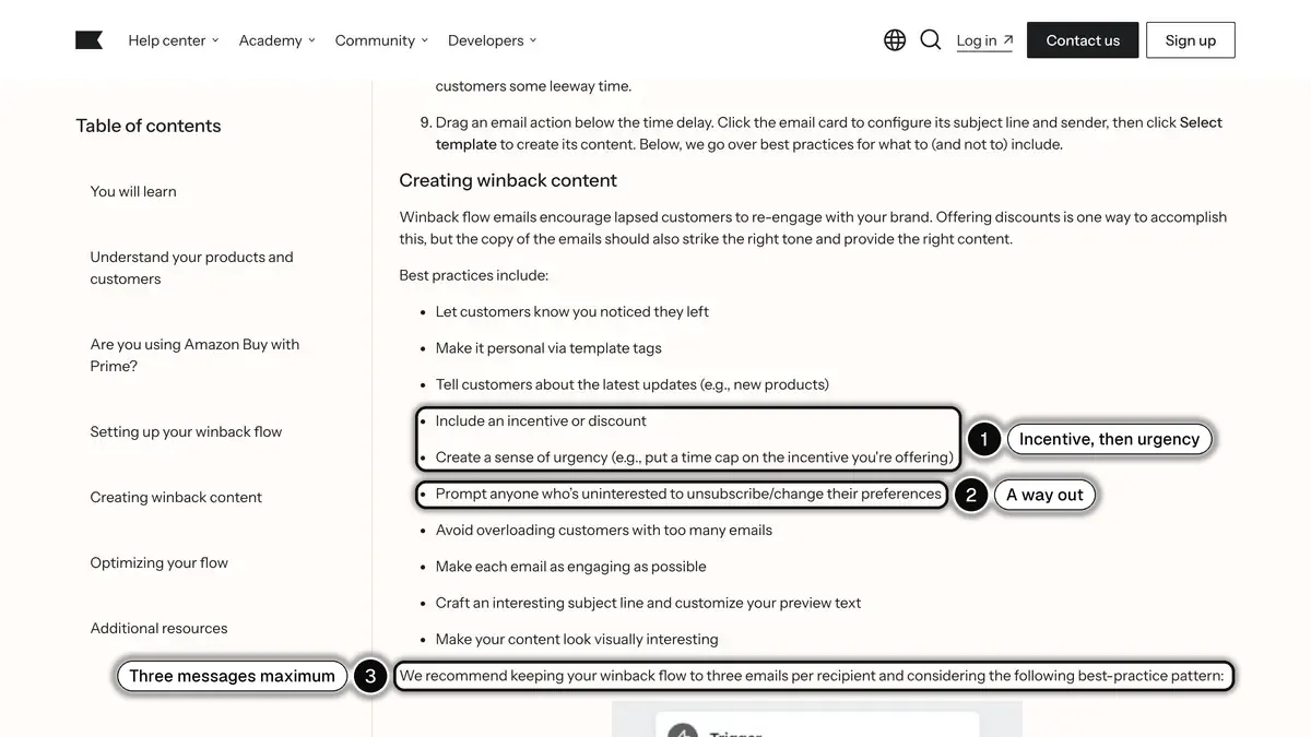 Klaviyo Help Center page on creating winback content: include an incentive, add urgency, let uninterested customers unsubscribe, and keep the flow to three emails
