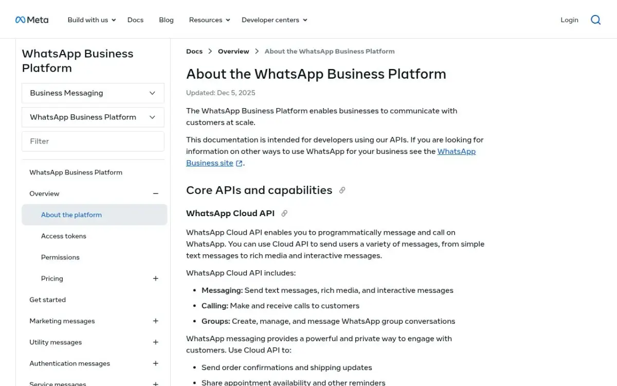 Meta's About the WhatsApp Business Platform page, which describes Cloud API messaging, calling and groups