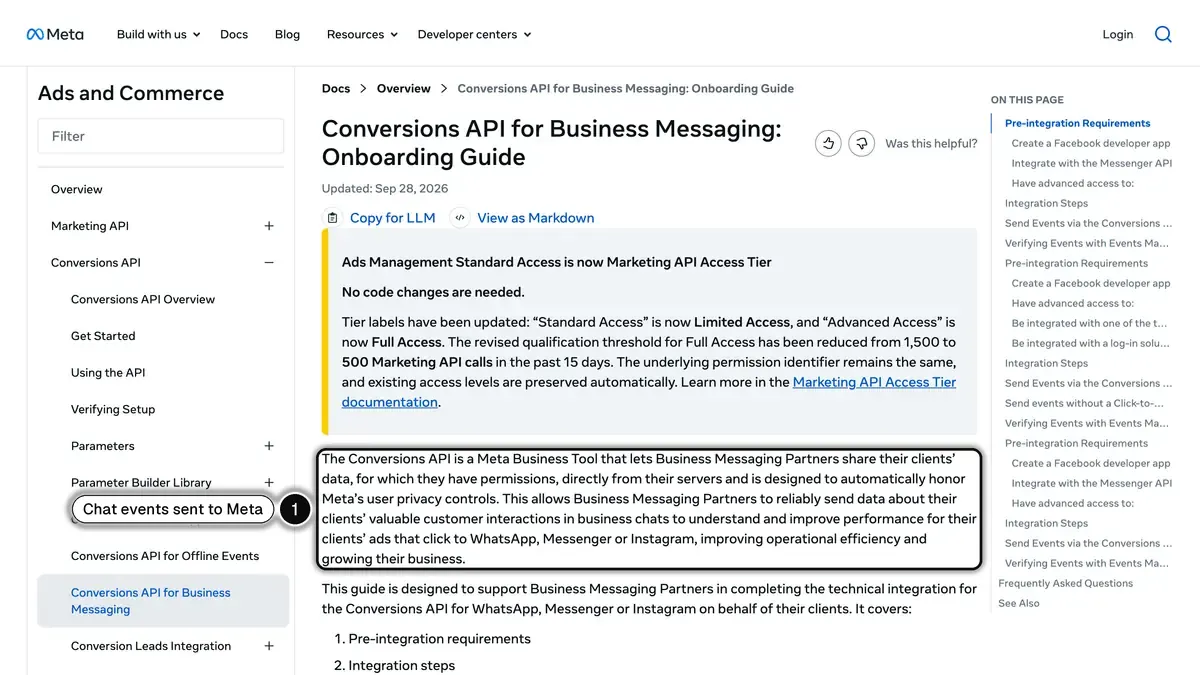 Meta's Conversions API for Business Messaging onboarding guide, with the paragraph explaining that Business Messaging Partners send chat interactions to Meta to improve ads that click to WhatsApp (1)