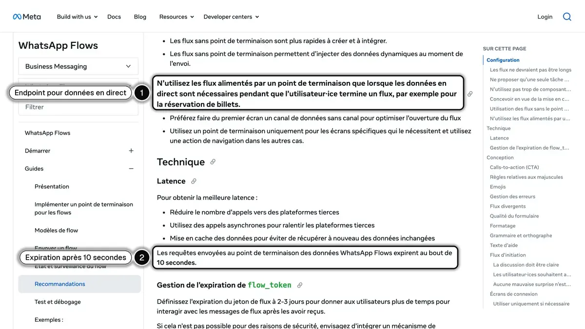 Recommandations de Meta pour WhatsApp Flows : un endpoint seulement quand des données en direct sont nécessaires, et une expiration des requêtes au bout de 10 secondes