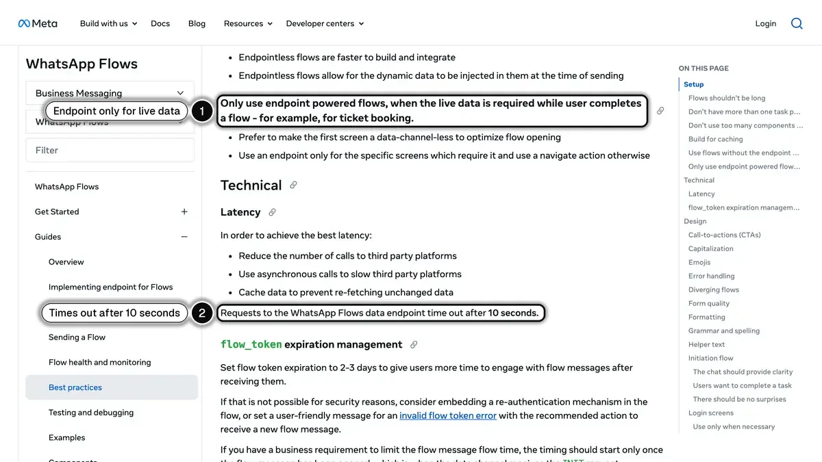 Meta's WhatsApp Flows best practices, with the advice to use an endpoint only when live data is required (1) and the 10-second timeout on requests to the data endpoint (2)