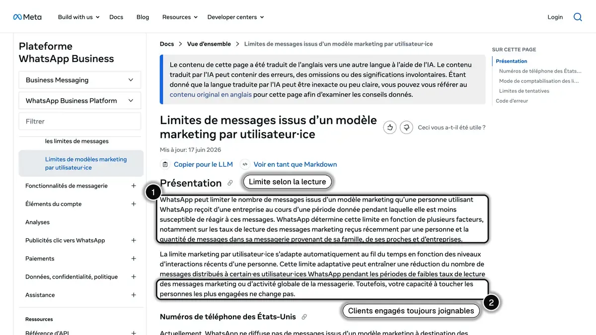 Documentation de Meta sur les limites de messages marketing par utilisateur : WhatsApp peut limiter les messages marketing reçus par une personne peu engagée, sans changer la capacité à toucher les personnes engagées