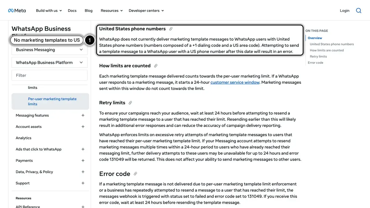 Meta documentation: WhatsApp does not currently deliver marketing template messages to US phone numbers