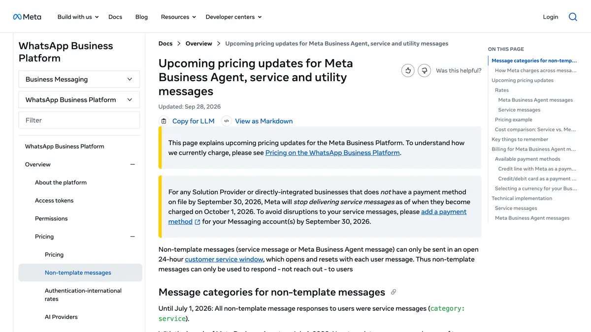 Meta developer documentation page on pricing updates for Meta Business Agent, service and utility messages
