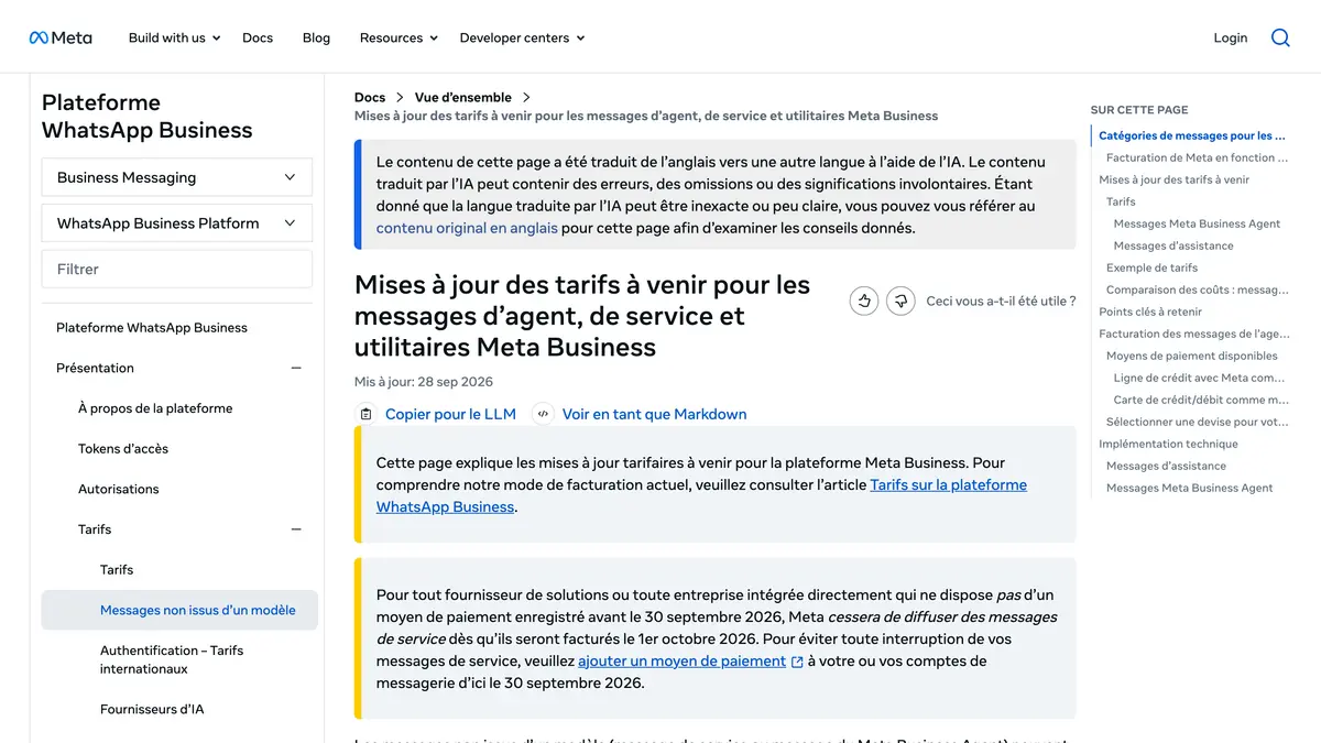 Page de la documentation Meta sur les tarifs des messages d'agent Meta Business Agent, de service et utilitaires