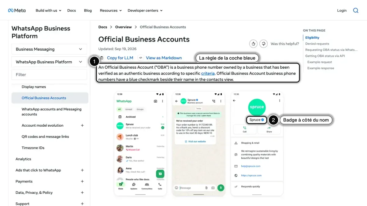 La documentation de Meta for Developers sur les comptes professionnels officiels, avec la règle de la coche bleue (1) et la coche à côté du nom de l'entreprise (2) en évidence